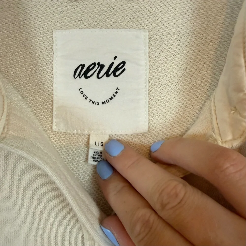 Aerie‎ Women Cream Beige Oversized Fleece Shirt Jacket Shacket Large Long Sleeve